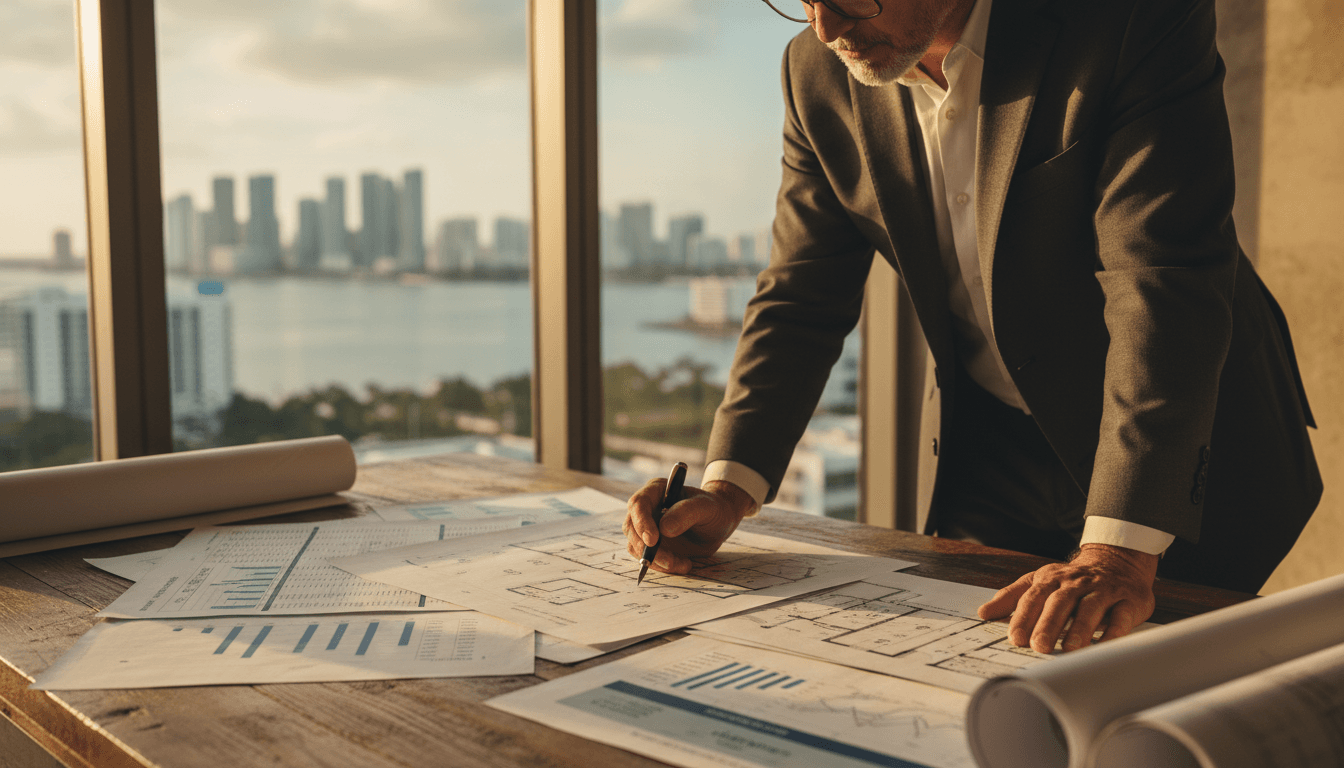 Founder reviewing financial documents and investment plans at wooden desk