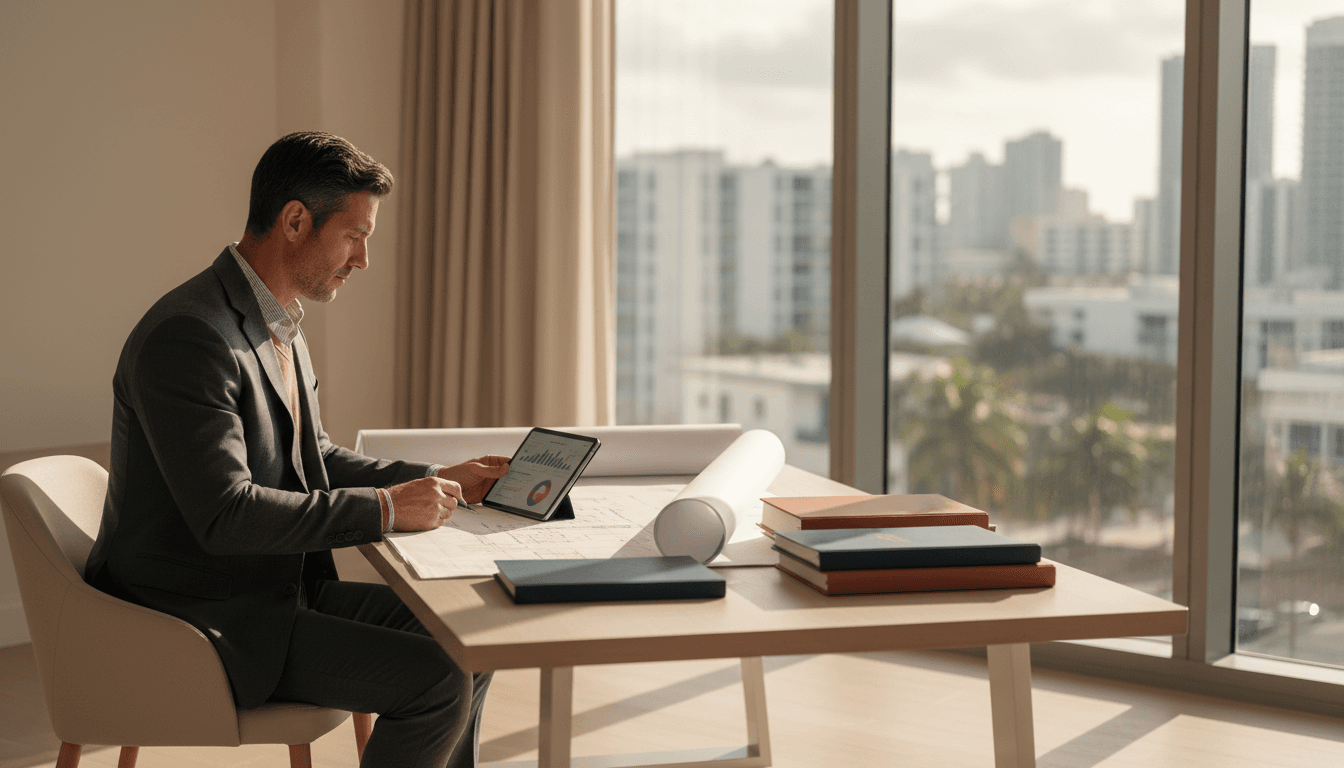High-net-worth individual reviewing investment strategy documents at a professional workspace with Miami Beach skyline view