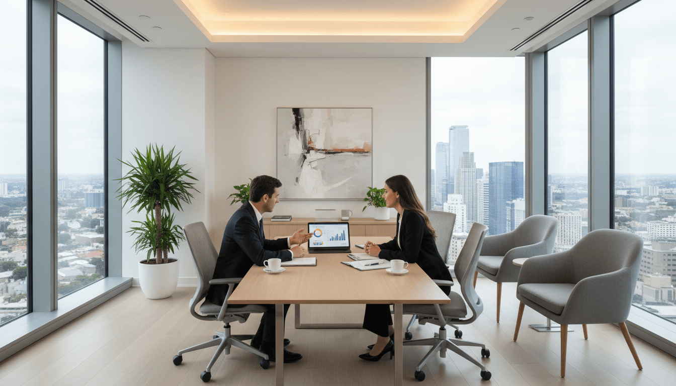 Professional financial advisor discussing investment strategy with client in modern office setting