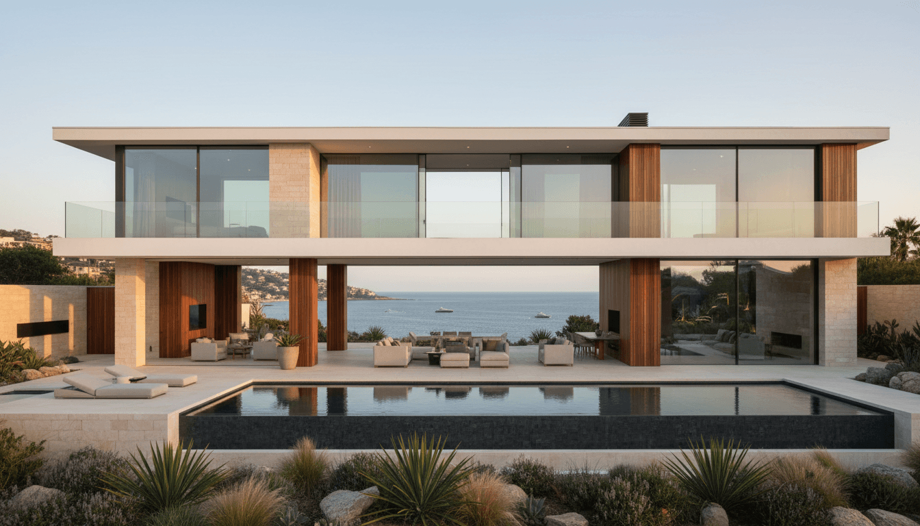 Luxury modern waterfront villa with infinity pool and expansive ocean views at golden hour