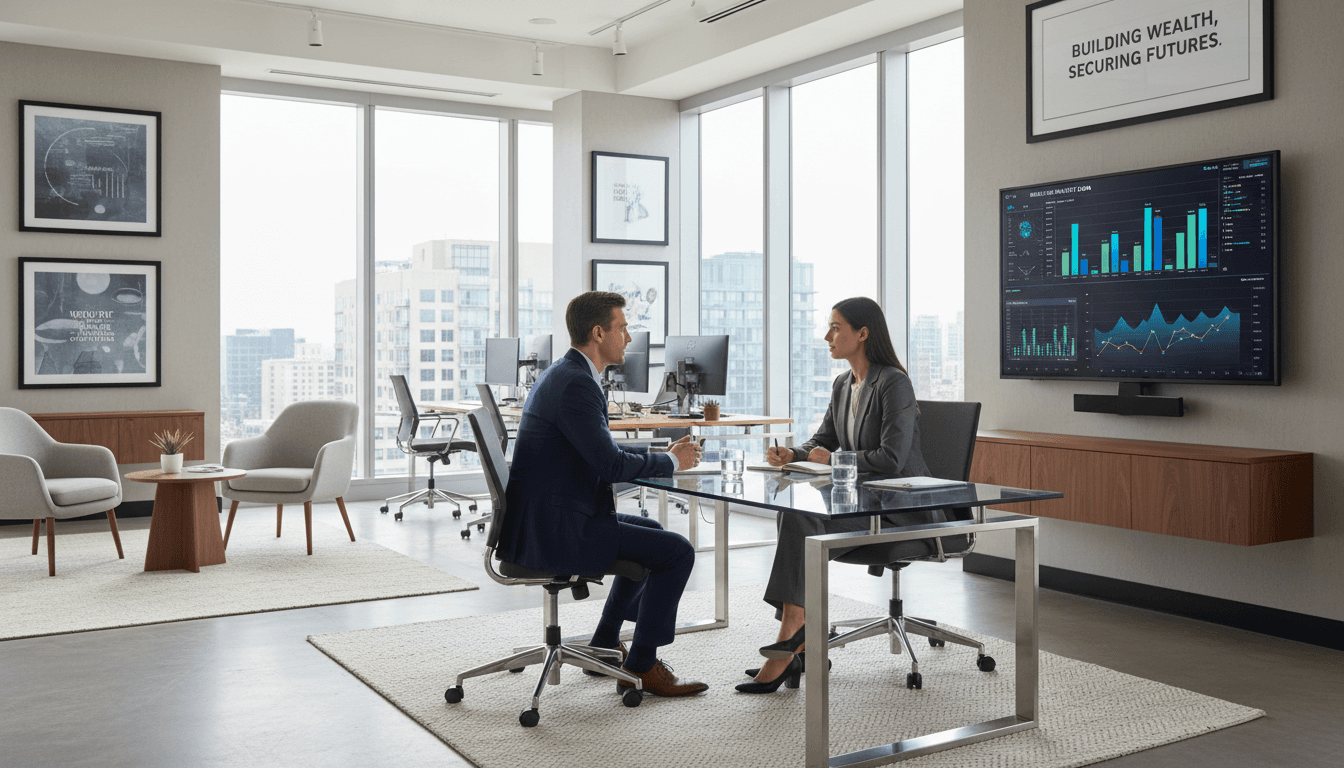 Financial advisor consulting with high net worth client in professional setting