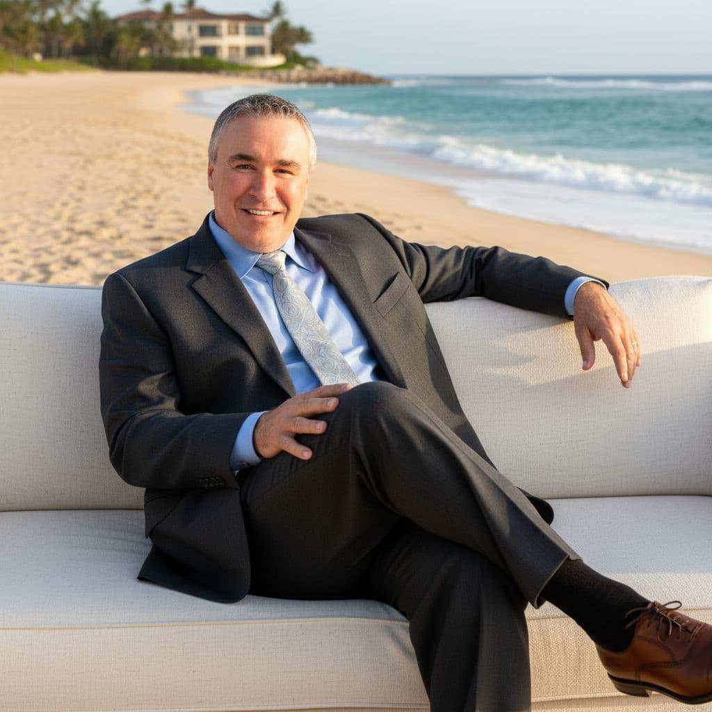 Smiling man in a grey suit sits on a white sofa on a sunny beach.